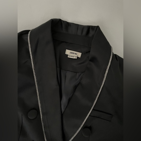 Jason Wu Rhinestone Embellished Trim Black Satin Tuxedo Blazer Jacket Holiday XS - Picture 3 of 13